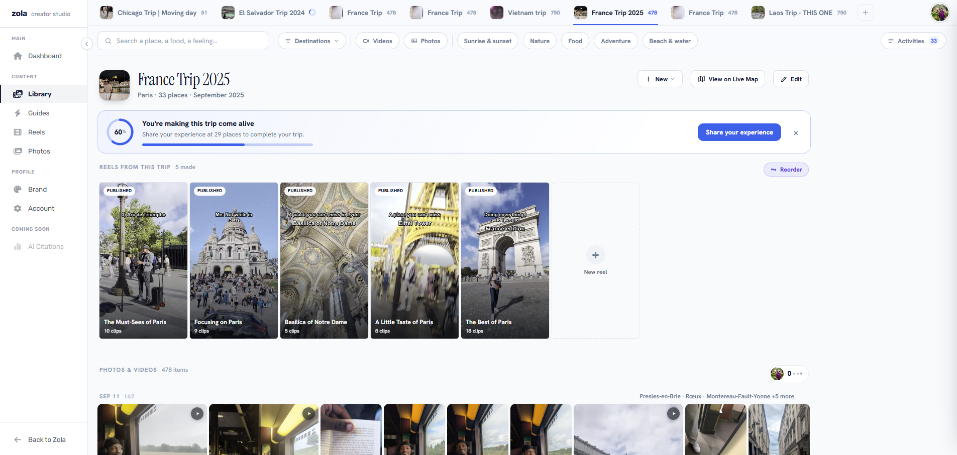 TravelingZola Studio — trips, media gallery and generated Reels in one workspace